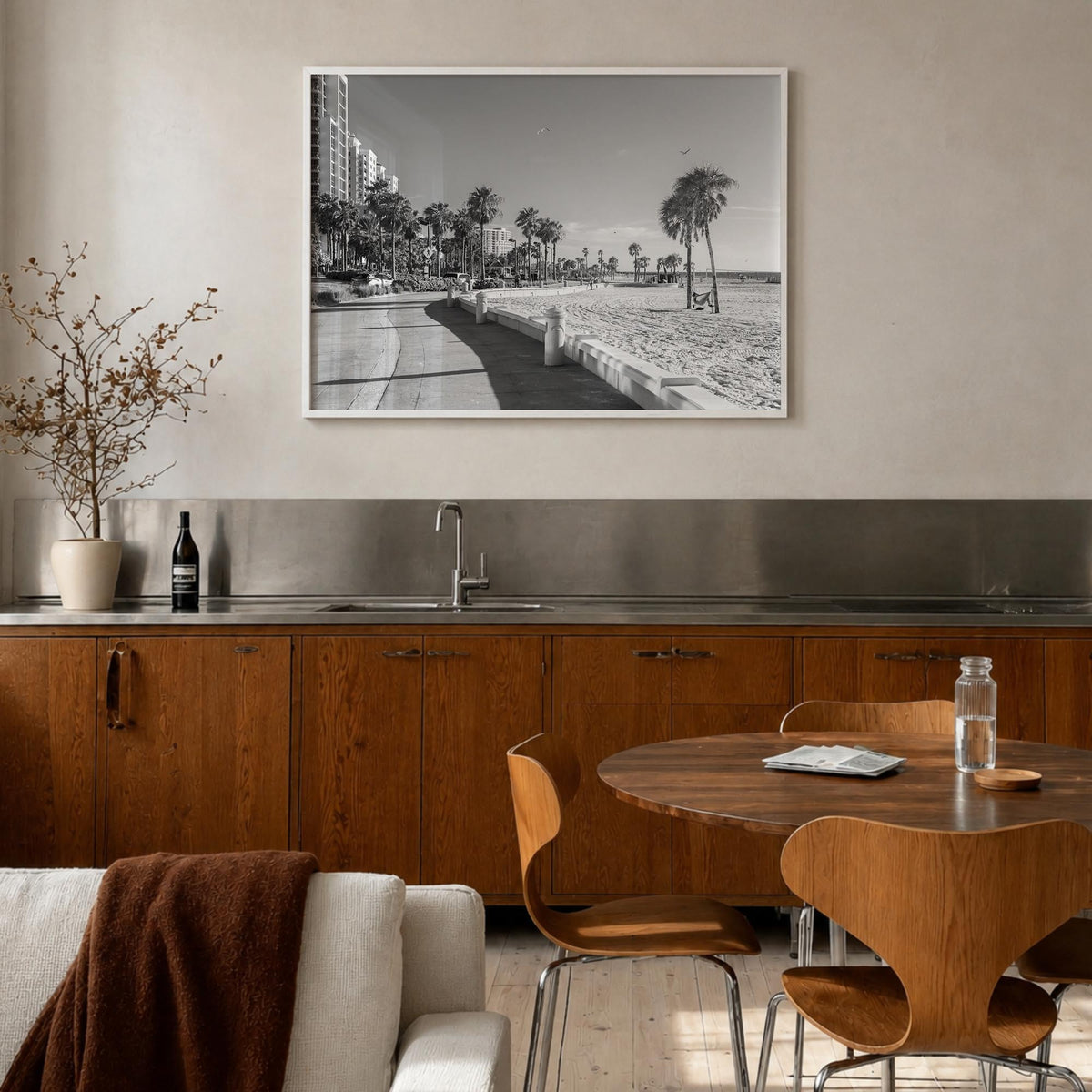 Clearwater black & white photo poster of Florida, USA – horizontal wall art in white wood frame, hanging on wall