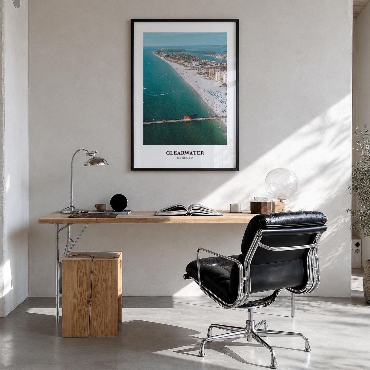 Clearwater colorful classic poster of Florida, USA – vertical wall art in black wood frame, hanging on wall