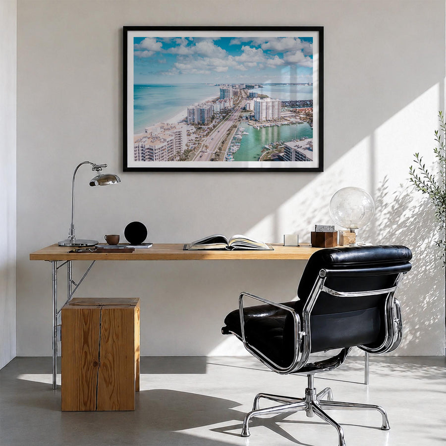 Clearwater colorful photo poster of Florida, USA – horizontal wall art in black wood frame with white border, hanging on wall