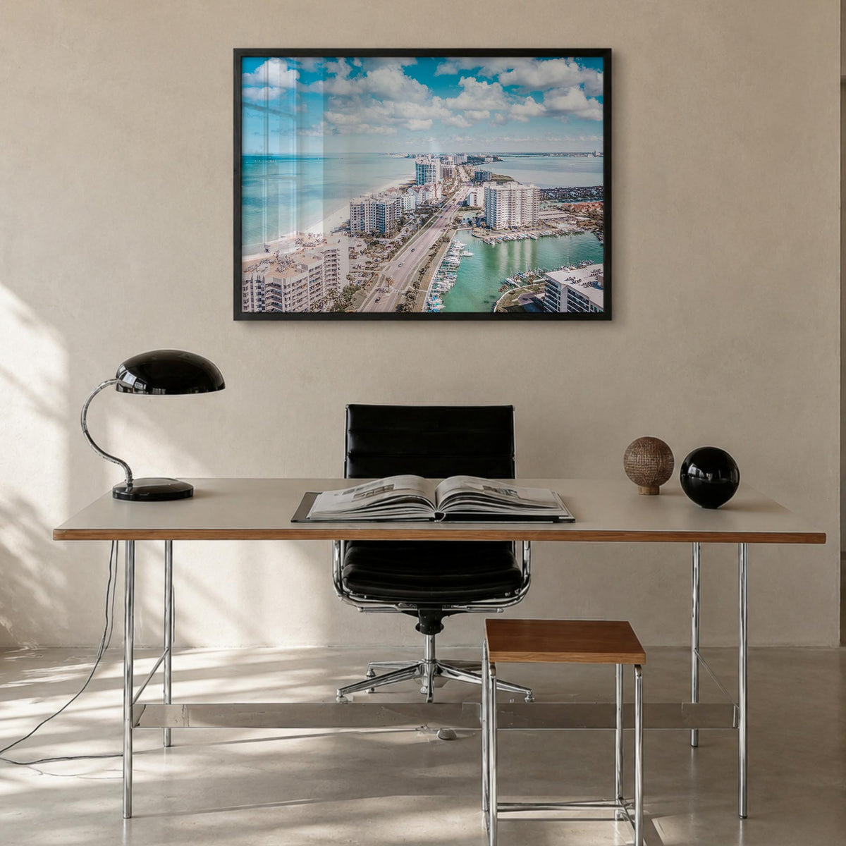 Clearwater colorful photo poster of Florida, USA – horizontal wall art in black wood frame, hanging on wall