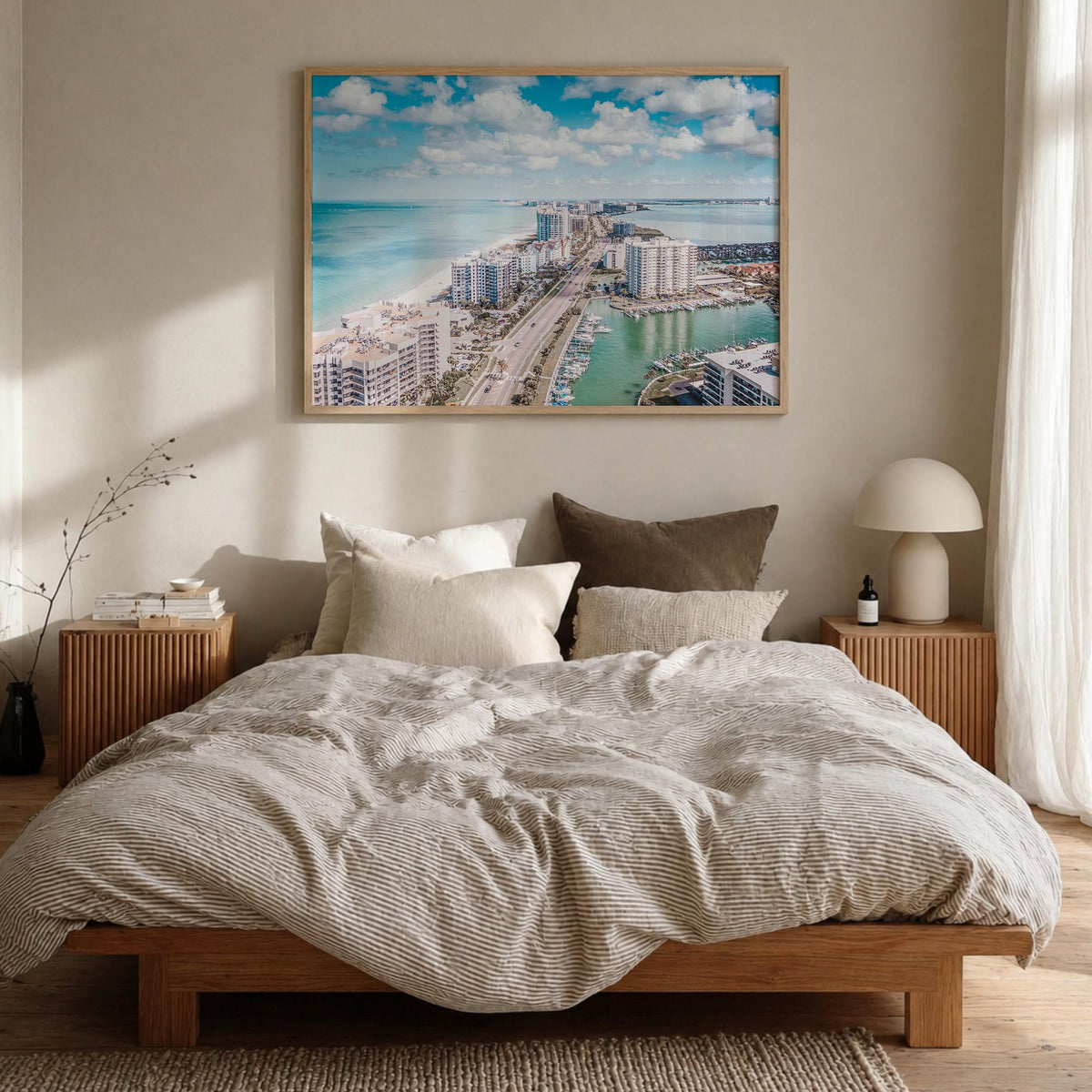 Clearwater colorful photo poster of Florida, USA – horizontal wall art in natural wood frame, hanging on wall