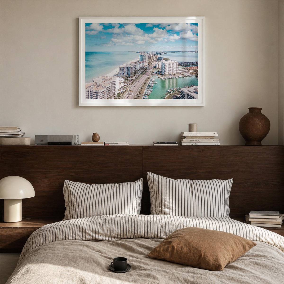 Clearwater colorful photo poster of Florida, USA – horizontal wall art in white wood frame with white border, hanging on wall