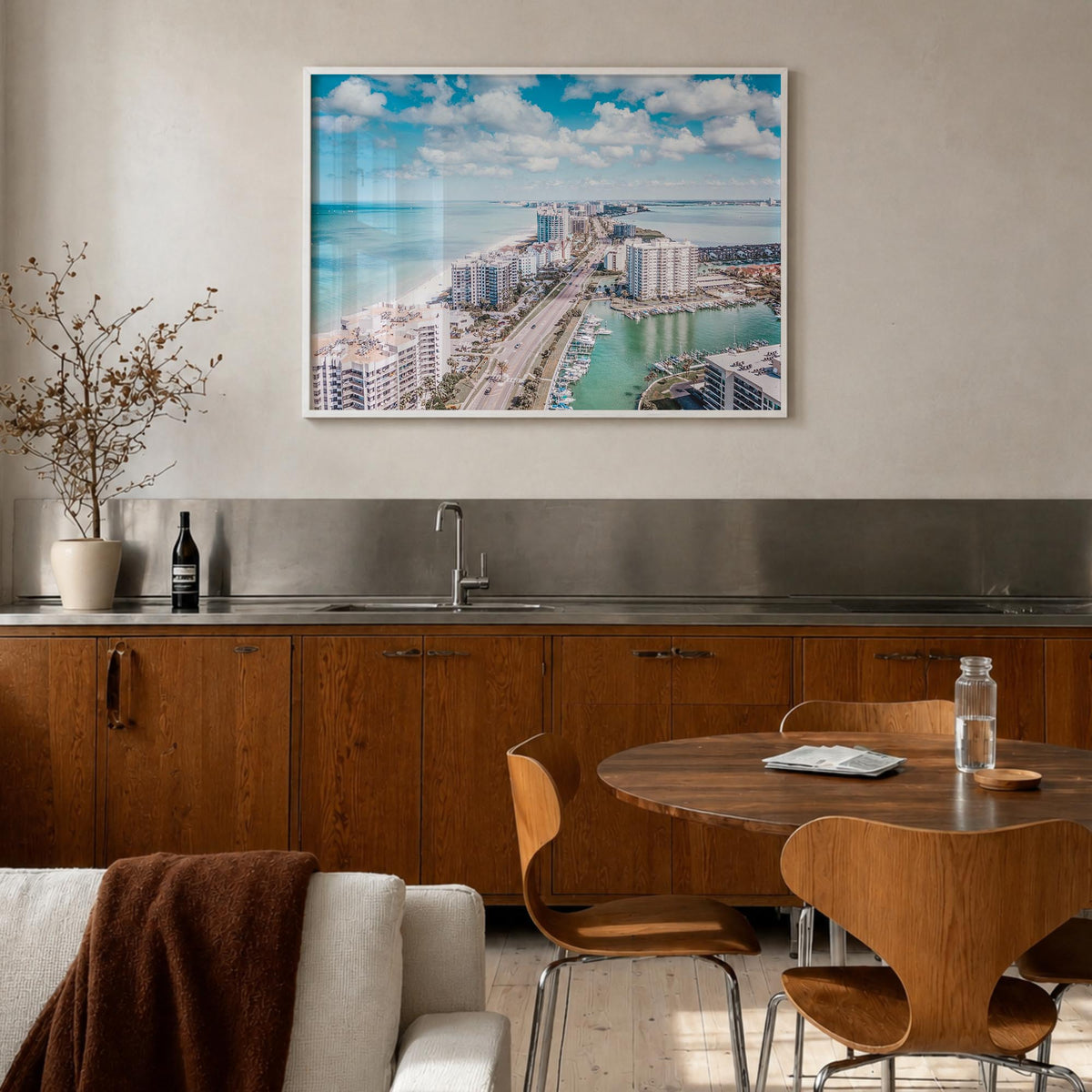 Clearwater colorful photo poster of Florida, USA – horizontal wall art in white wood frame, hanging on wall