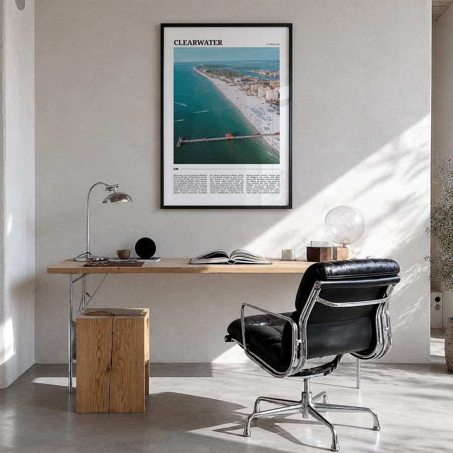 Clearwater colorful travel poster of Florida, USA – vertical wall art in black wood frame, hanging on wall