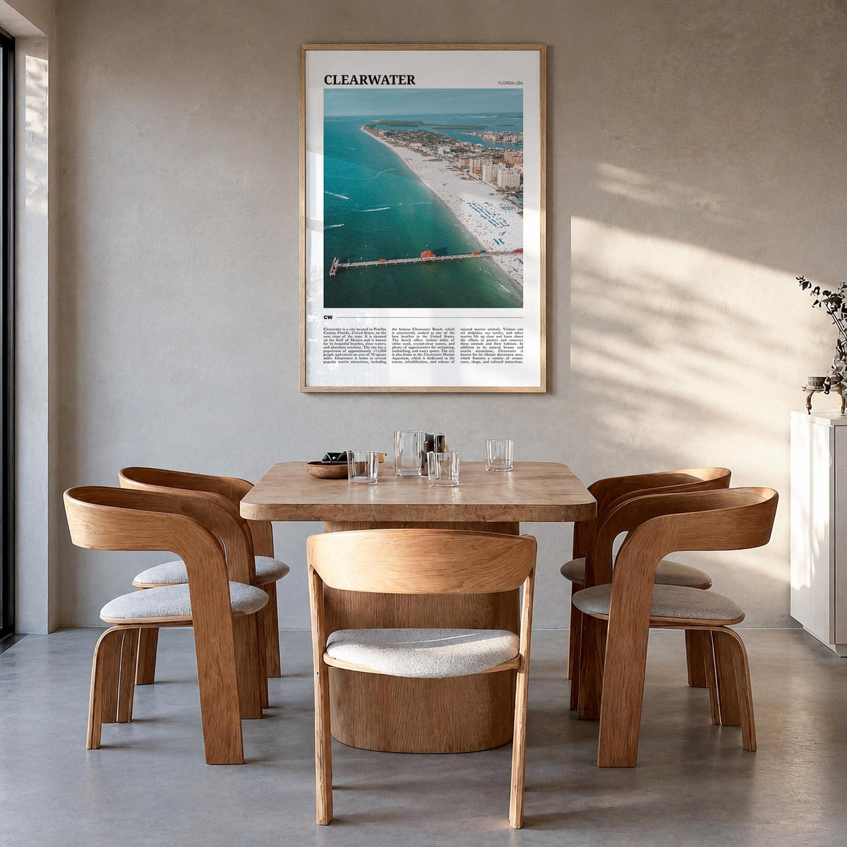 Clearwater colorful travel poster of Florida, USA – vertical wall art in natural wood frame, hanging on wall