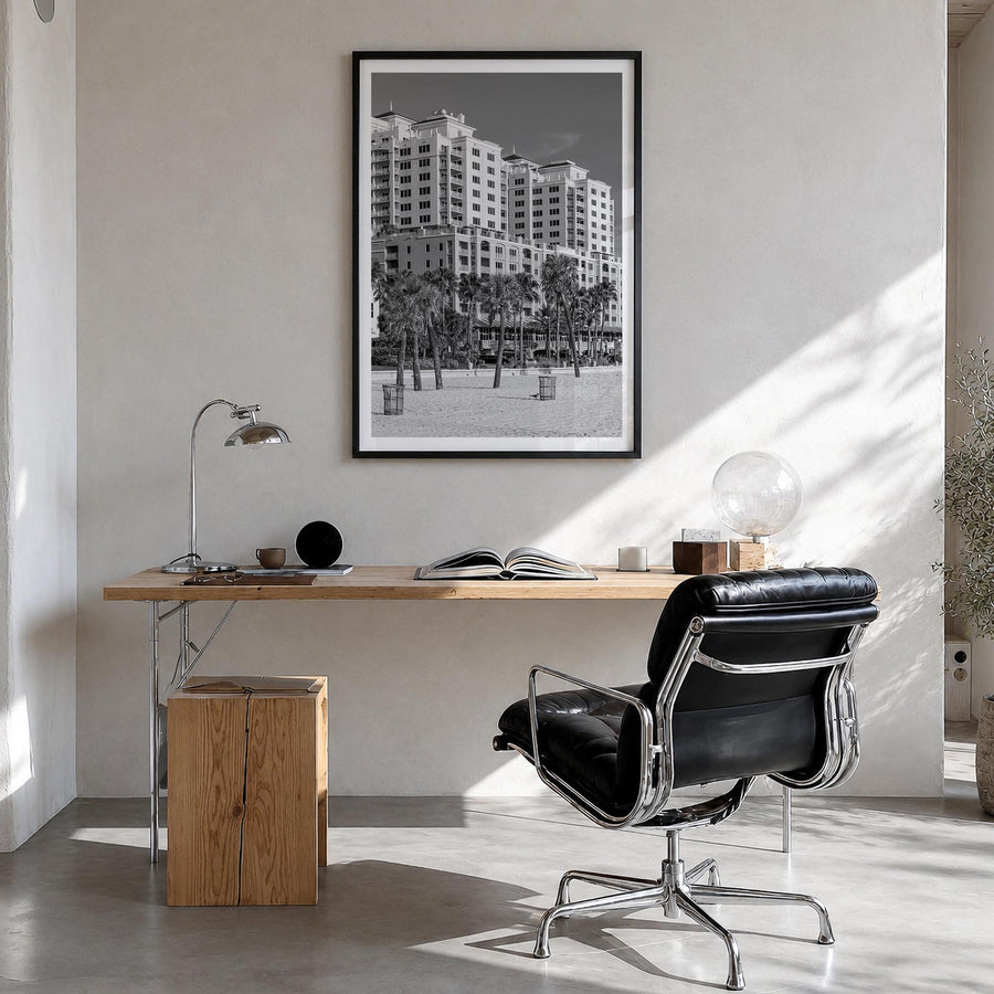 Clearwater no. 1 black & white photo poster of Florida, USA – vertical wall art in black wood frame with white border, hangin