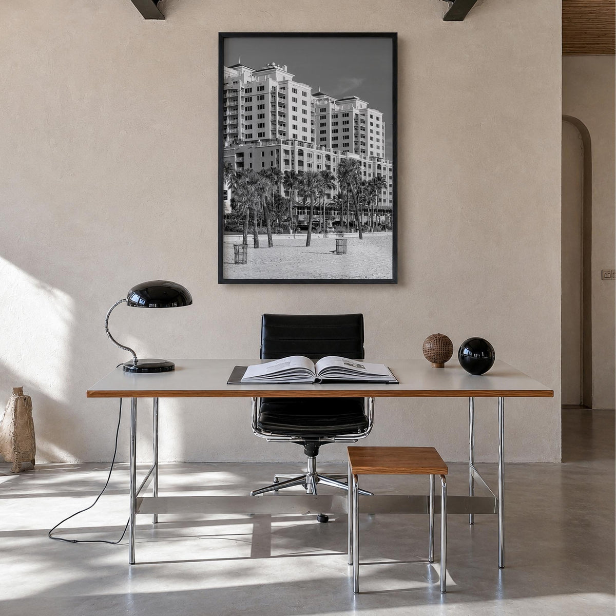 Clearwater no. 1 black & white photo poster of Florida, USA – vertical wall art in black wood frame, hanging on wall