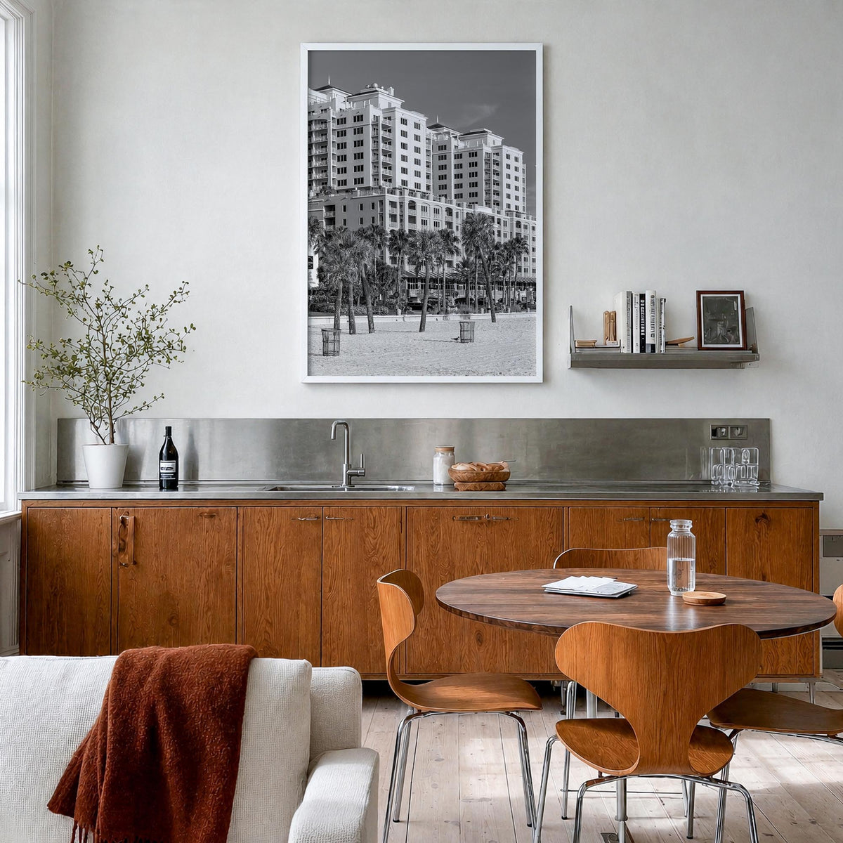 Clearwater no. 1 black & white photo poster of Florida, USA – vertical wall art in white wood frame, hanging on wall