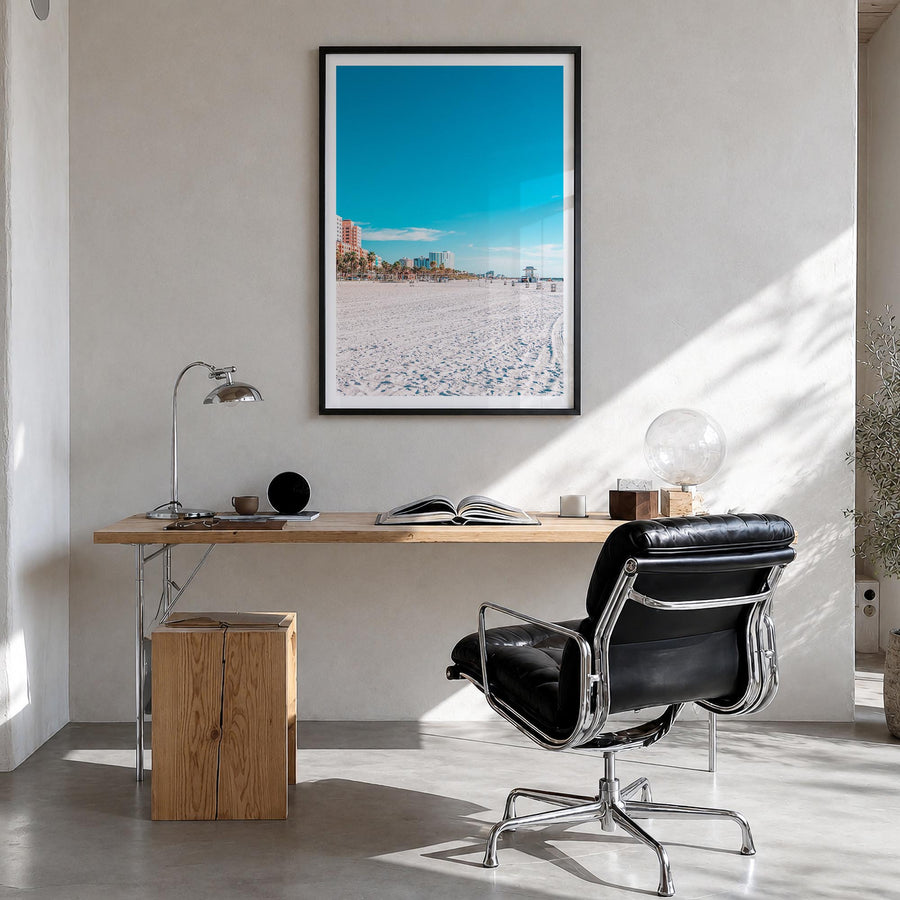 Clearwater no. 1 colorful photo poster of Florida, USA – vertical wall art in black wood frame with white border, hanging on 