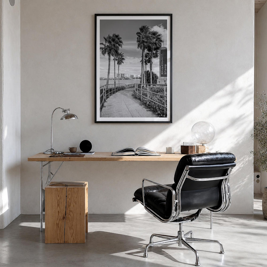 Clearwater no. 2 black & white photo poster of Florida, USA – vertical wall art in black wood frame with white border, hangin