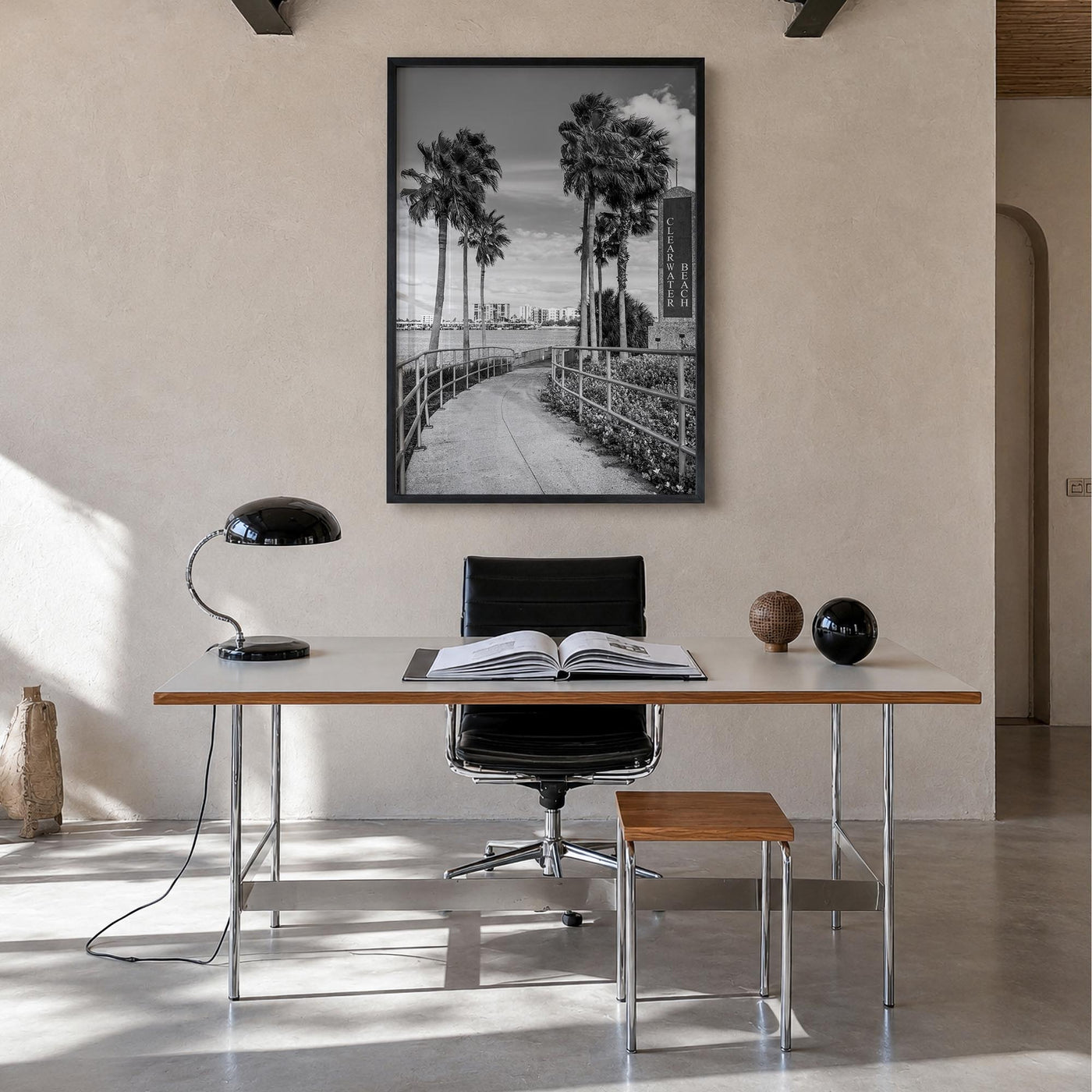 Clearwater no. 2 black & white photo poster of Florida, USA – vertical wall art in black wood frame, hanging on wall