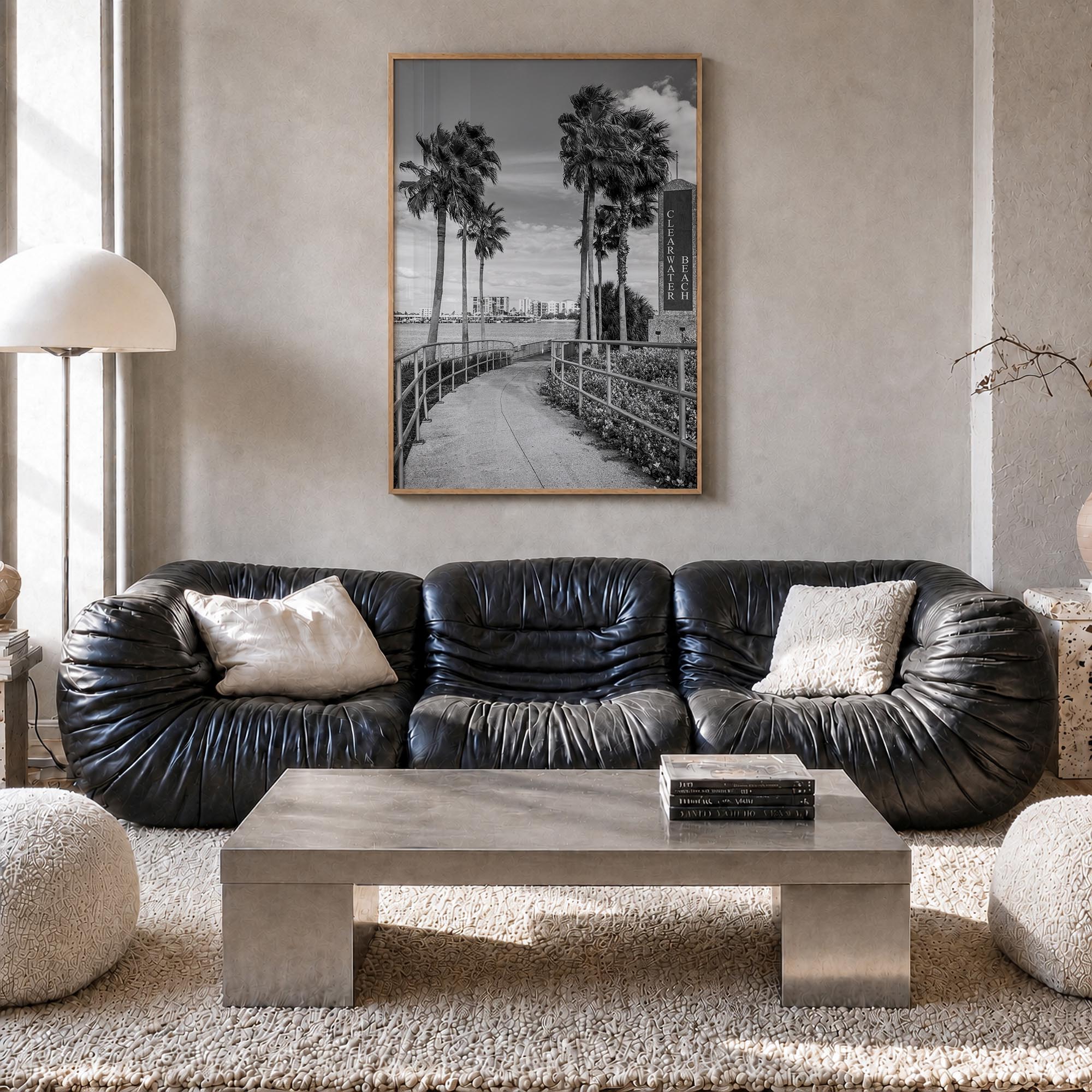 Clearwater no. 2 black & white photo poster of Florida, USA – vertical wall art in natural wood frame, hanging on wall