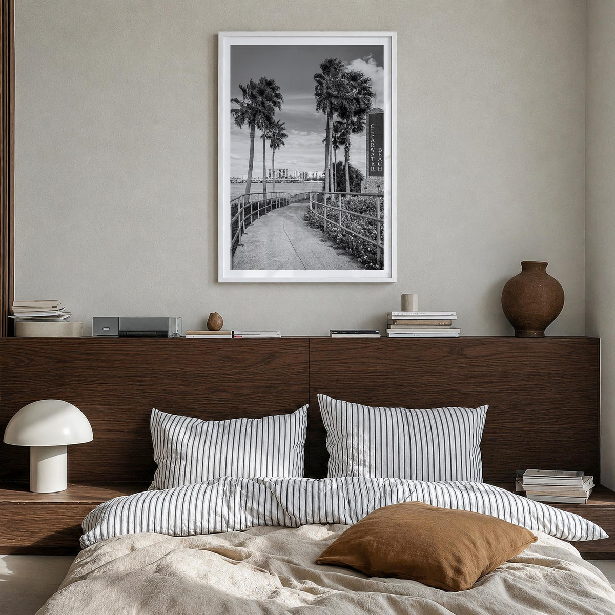 Clearwater no. 2 black & white photo poster of Florida, USA – vertical wall art in white wood frame with white border, hangin