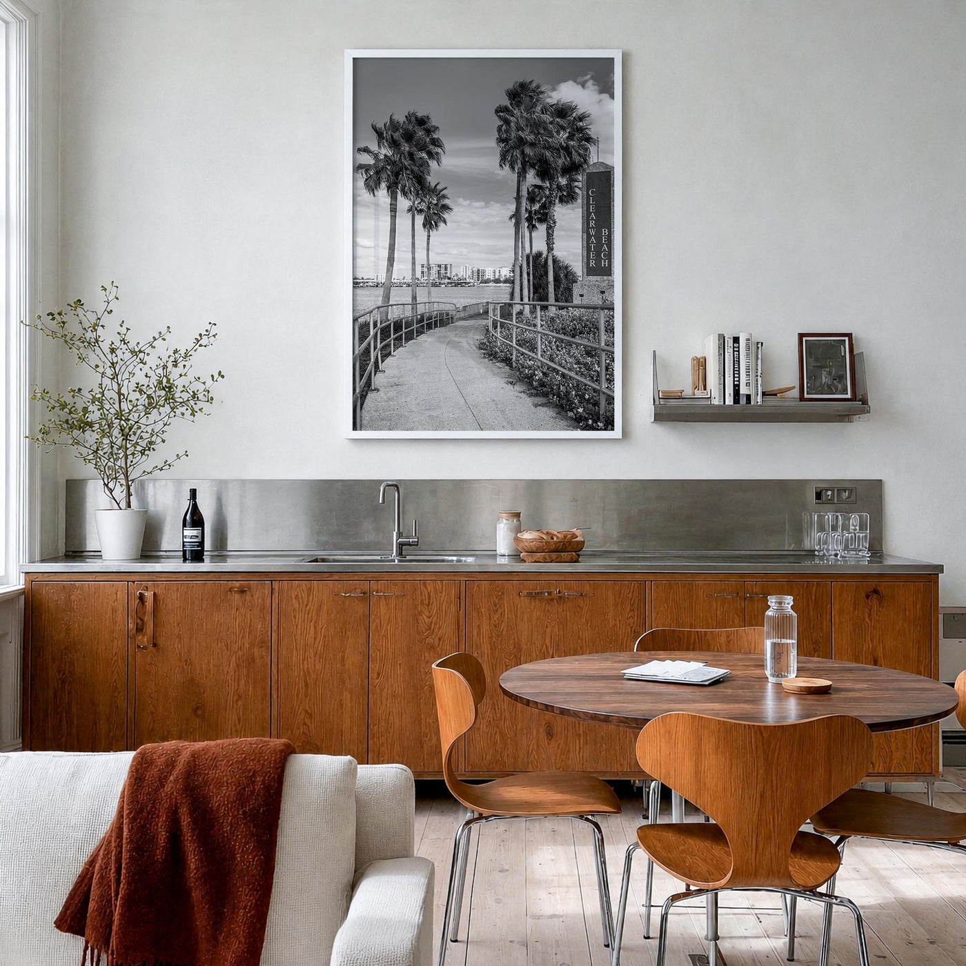 Clearwater no. 2 black & white photo poster of Florida, USA – vertical wall art in white wood frame, hanging on wall