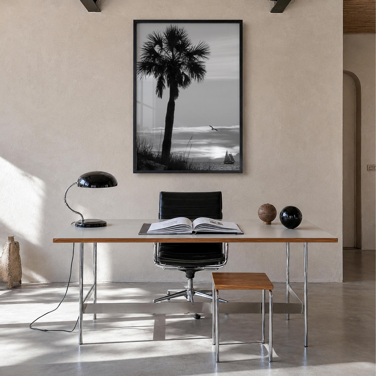Clearwater no. 3 black & white photo poster of Florida, USA – vertical wall art in black wood frame, hanging on wall