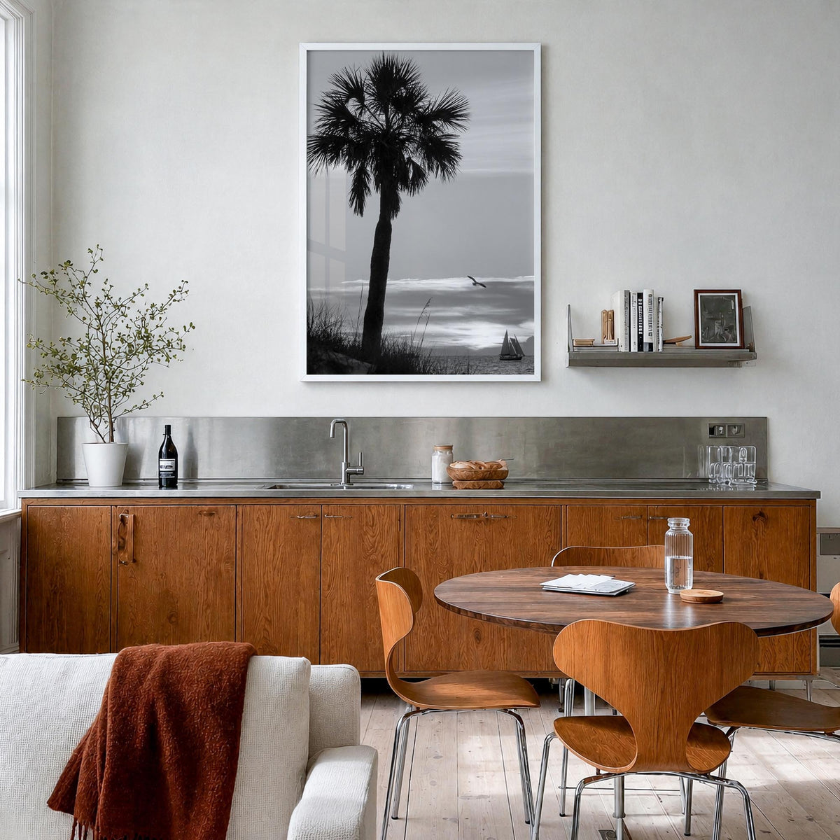 Clearwater no. 3 black & white photo poster of Florida, USA – vertical wall art in white wood frame, hanging on wall