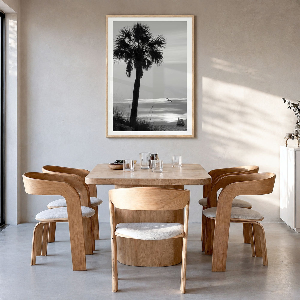 Clearwater Photo No 3 Poster in a natural wood frame, hanging in a dining room, white border