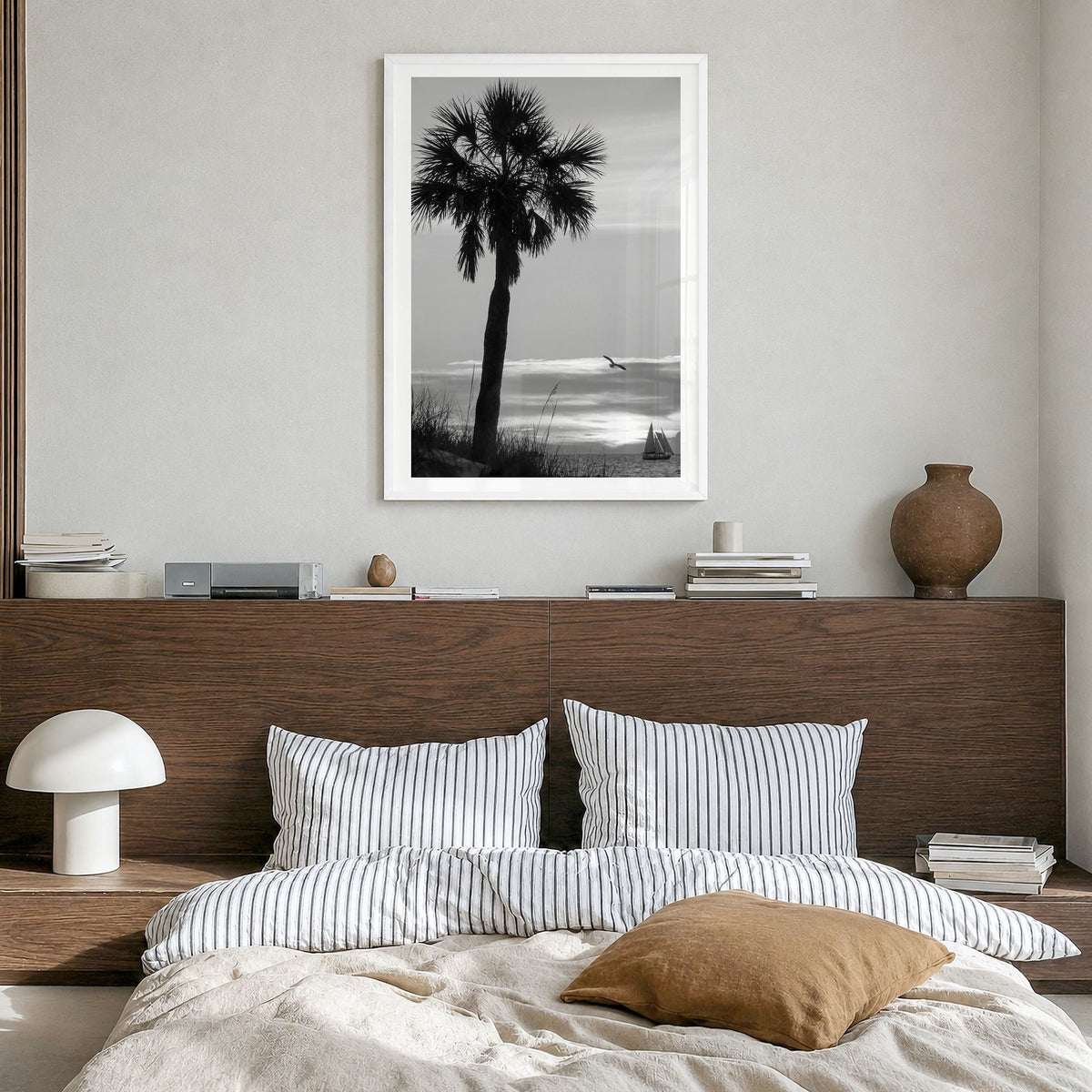 Clearwater Photo No 3 Poster in a white wood frame, hanging in a bedroom, white border