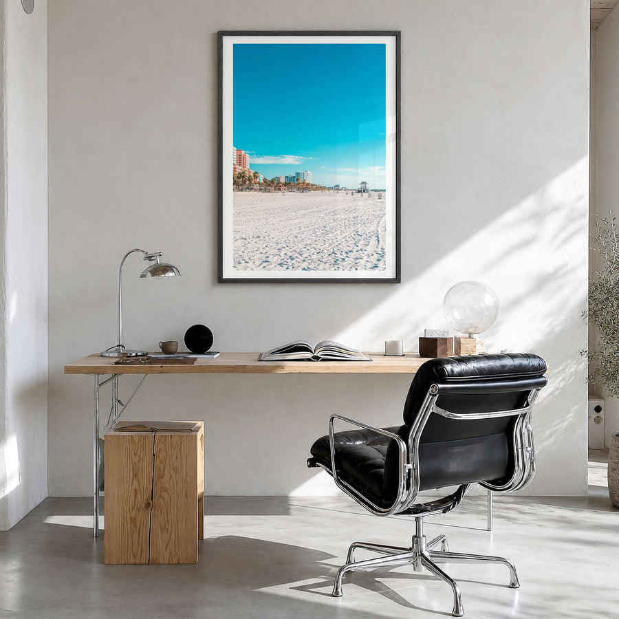 Clearwater Photo No 1 Poster in a black wood frame, hanging in a bright home office, white border