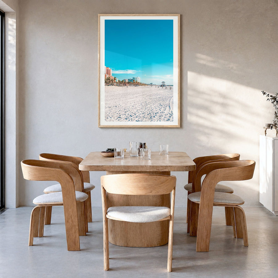 Clearwater Photo No 1 Poster in a natural wood frame, hanging in a dining room, white border