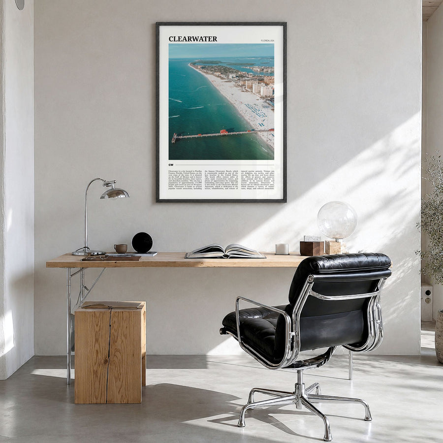 Clearwater Travel Poster in a black wood frame, hanging in a bright home office