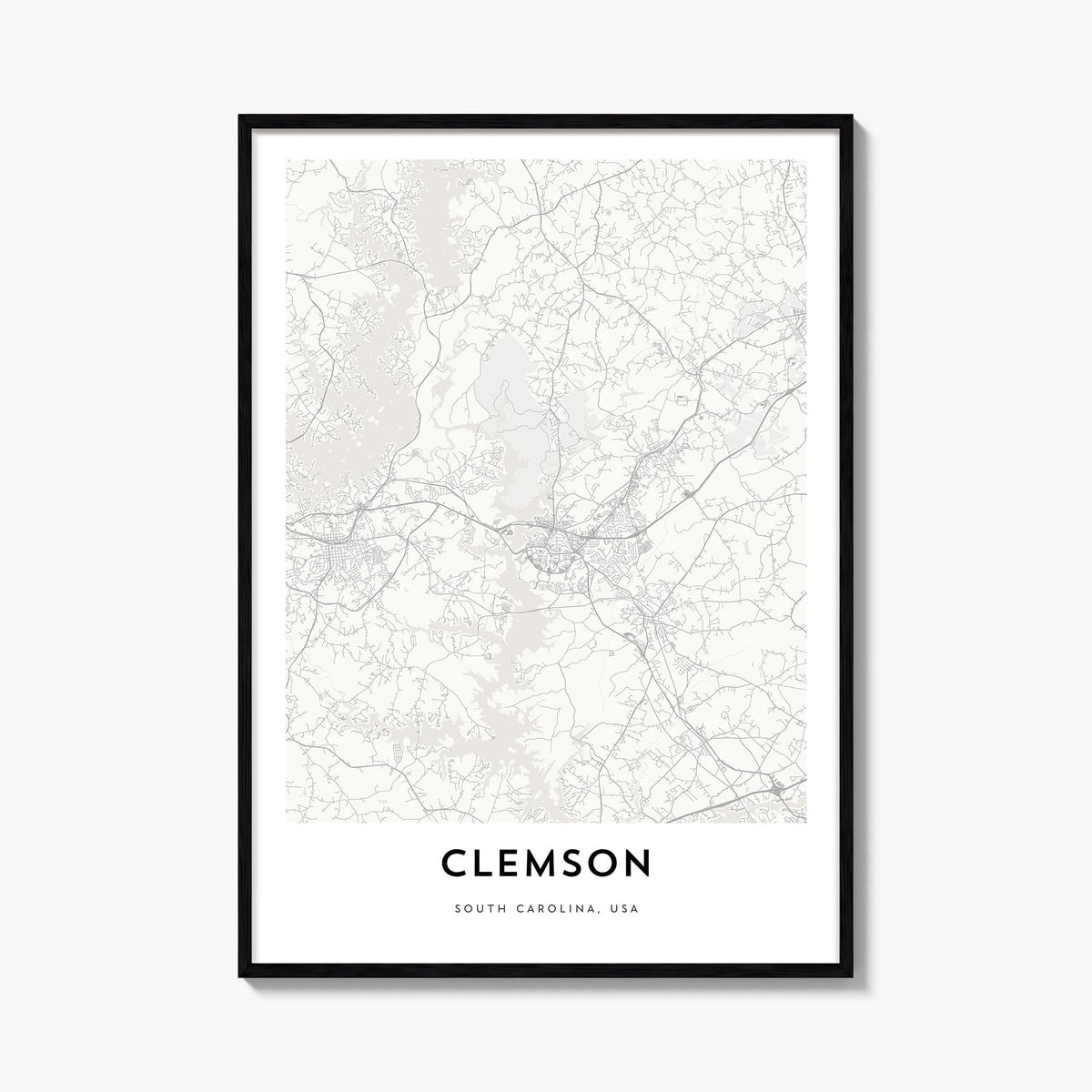 Clemson black & white map poster of South Carolina, USA – vertical wall art, unframed print shown in interior mockup
