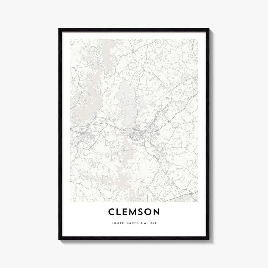 Clemson black & white map poster of South Carolina, USA – vertical wall art, unframed print shown in interior mockup