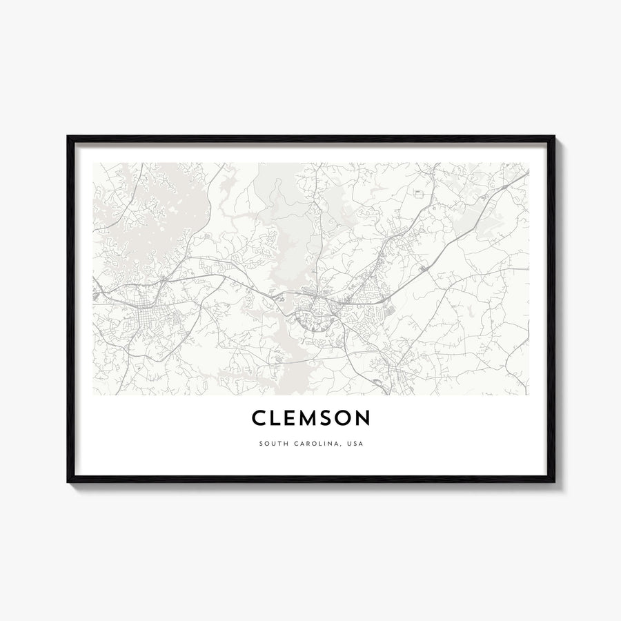 Clemson black & white map poster of South Carolina, USA – horizontal wall art, unframed print shown in interior mockup