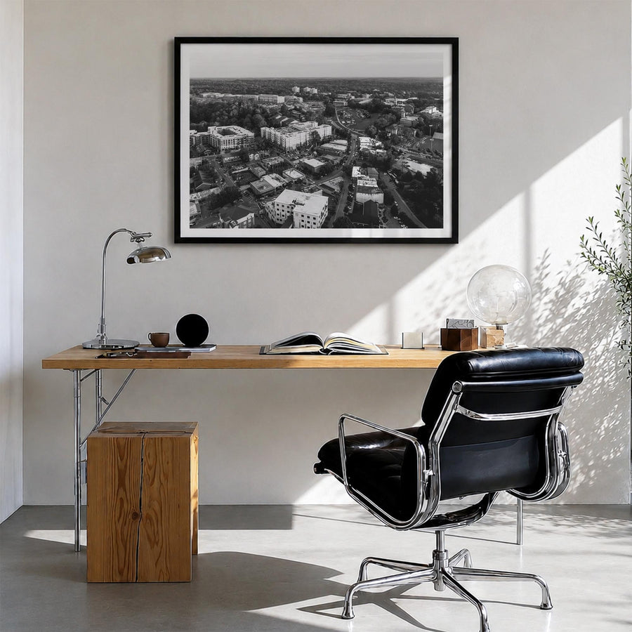 Clemson black & white photo poster of South Carolina, USA – horizontal wall art in black wood frame with white border, hangin