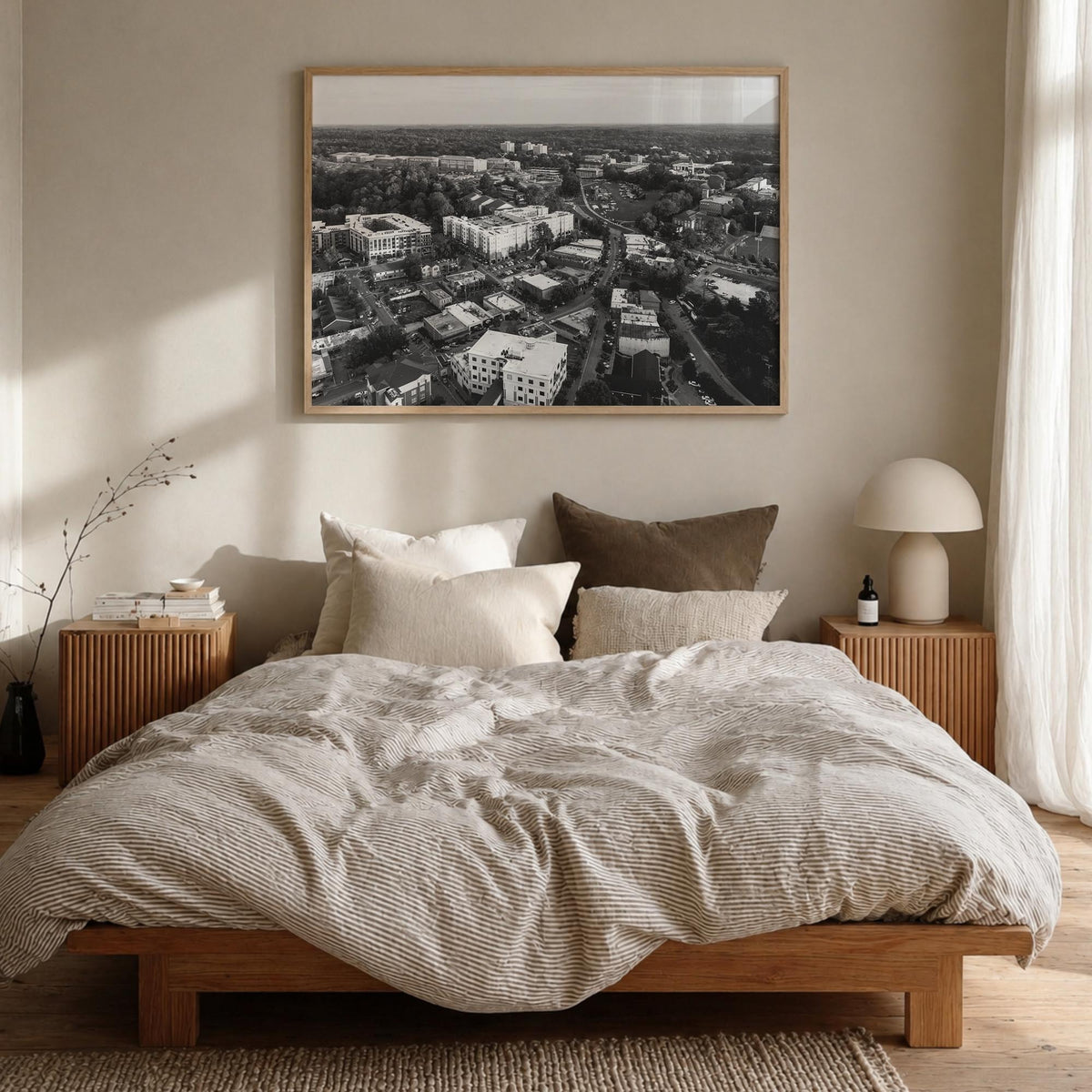 Clemson black & white photo poster of South Carolina, USA – horizontal wall art in natural wood frame, hanging on wall