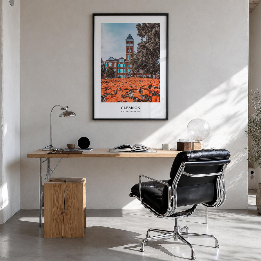 Clemson colorful classic poster of South Carolina, USA – vertical wall art in black wood frame, hanging on wall