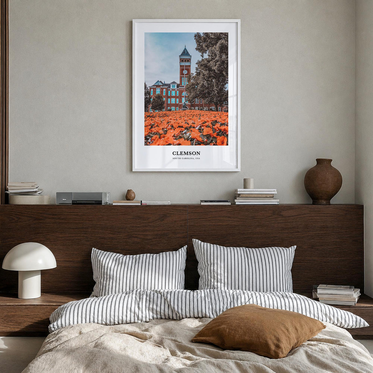 Clemson colorful classic poster of South Carolina, USA – vertical wall art in white wood frame, hanging on wall