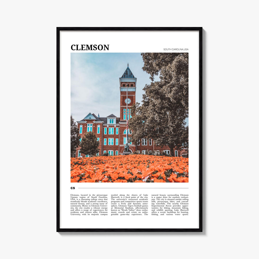 Clemson colorful travel poster of South Carolina, USA – vertical wall art, unframed print shown in interior mockup