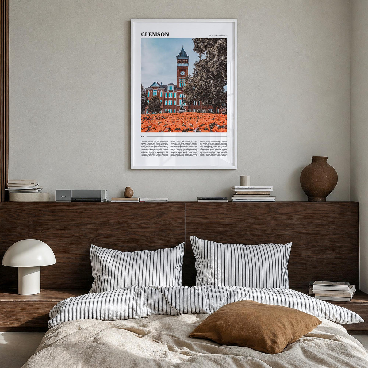 Clemson colorful travel poster of South Carolina, USA – vertical wall art in white wood frame, hanging on wall
