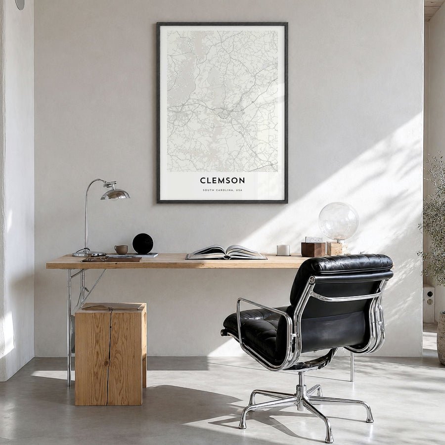 Clemson Map Poster in a black wood frame, hanging in a bright home office