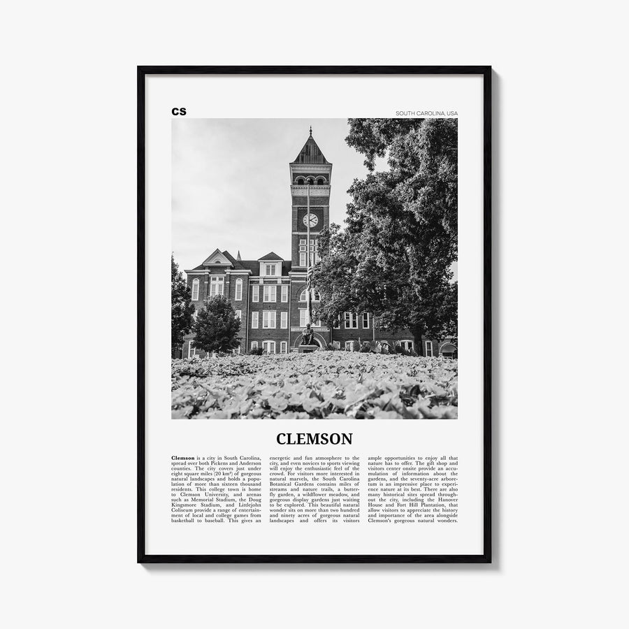 Clemson no. 1 black & white newspaper poster of South Carolina, USA – vertical wall art, unframed print shown in interior moc