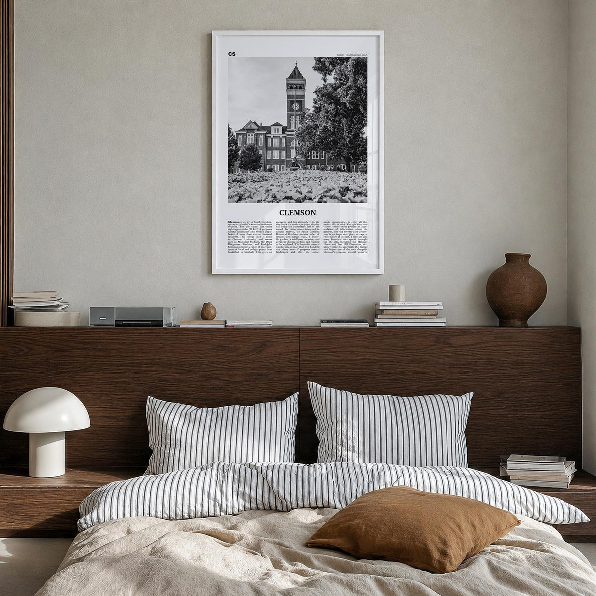 Clemson no. 1 black & white newspaper poster of South Carolina, USA – vertical wall art in white wood frame, hanging on wall