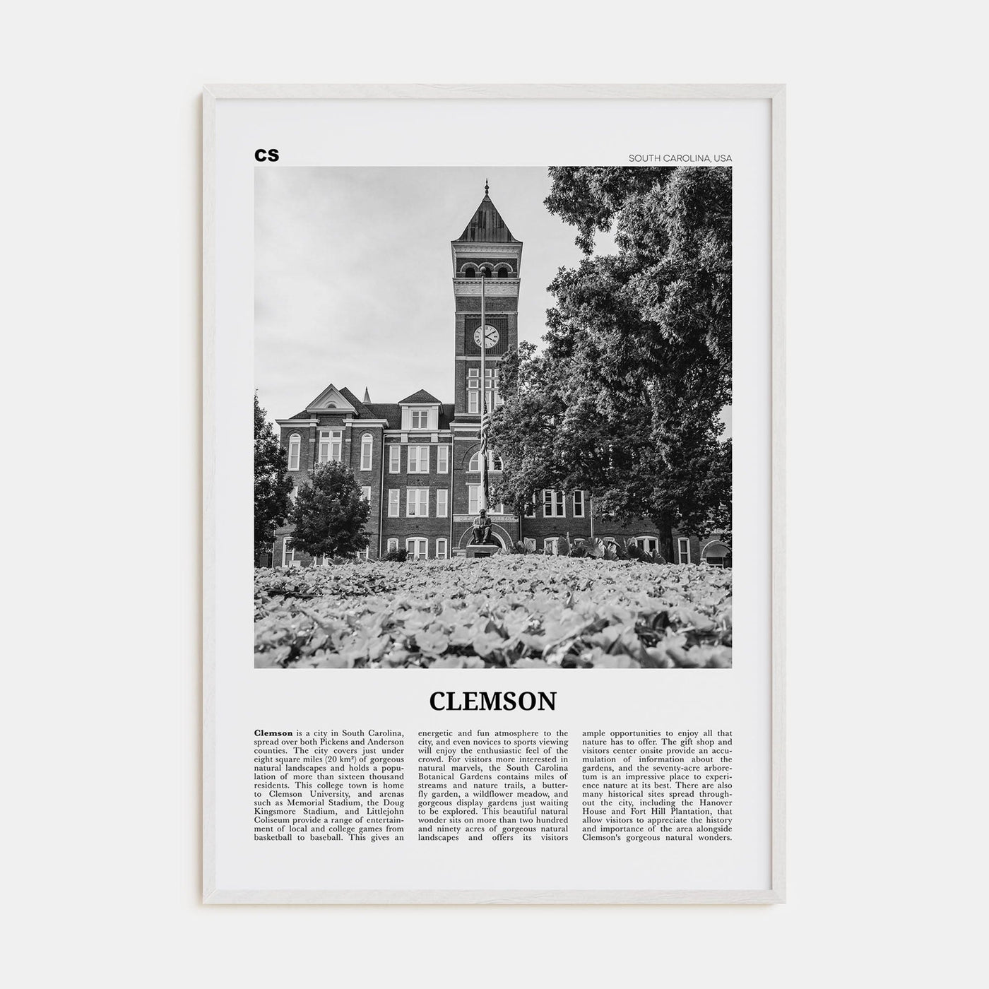 Clemson No 1 Poster White Wood / 8x12 in Nbourhood Travel B&W Poster