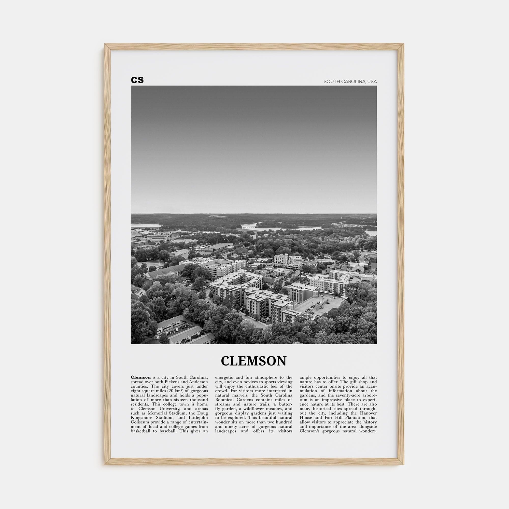 Clemson No 2 Poster Natural Wood / 8x12 in Nbourhood Travel B&W Poster