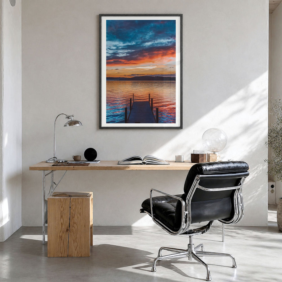 Clemson Photo No 1 Poster in a black wood frame, hanging in a bright home office, white border
