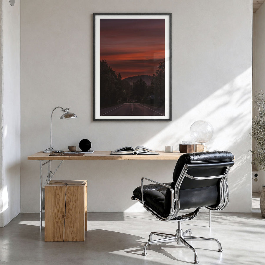 Clemson Photo No 2 Poster in a black wood frame, hanging in a bright home office, white border
