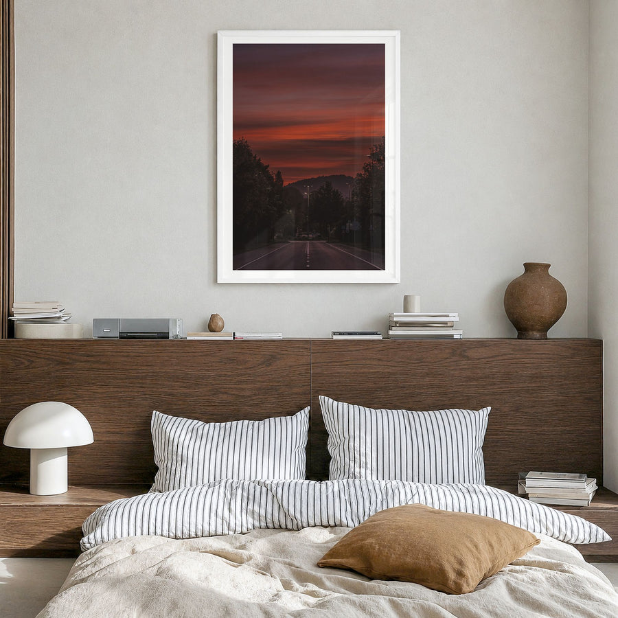 Clemson Photo No 2 Poster in a white wood frame, hanging in a bedroom, white border