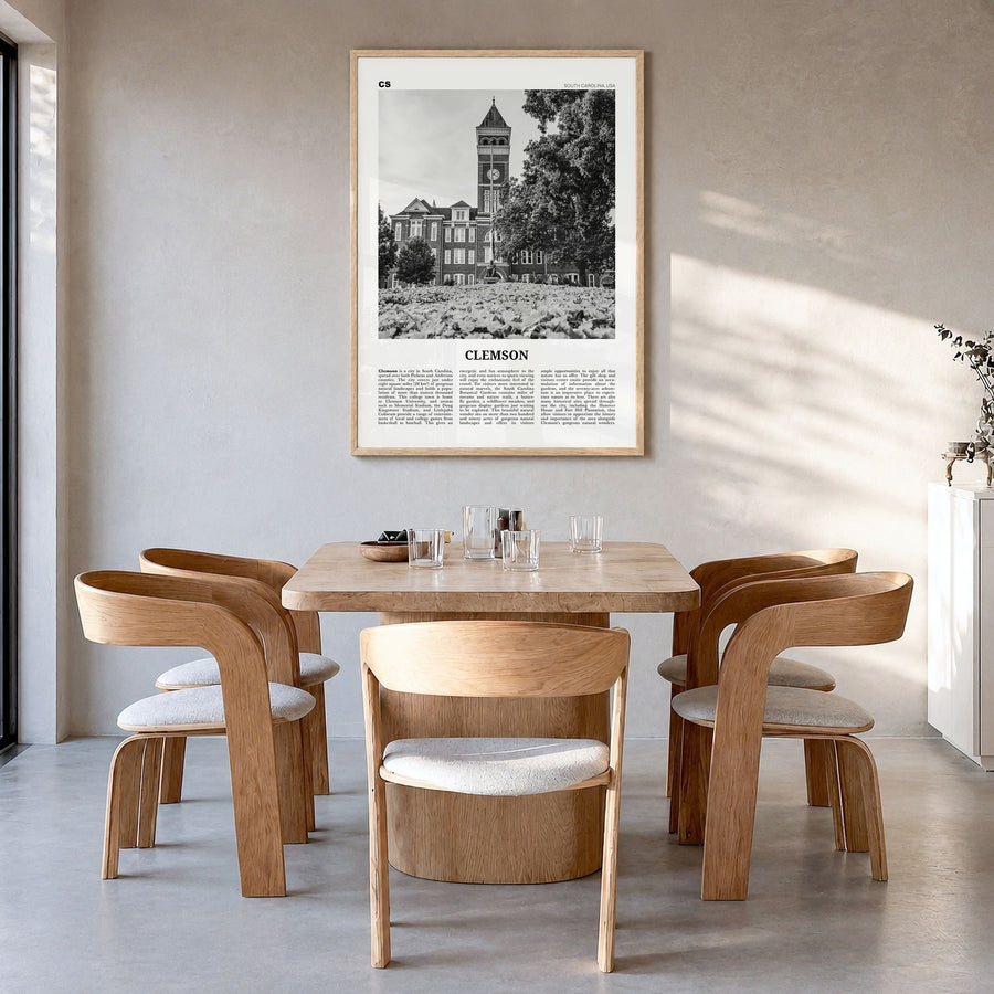 Clemson Newspaper No 1 Poster in a natural wood frame, hanging in a dining room