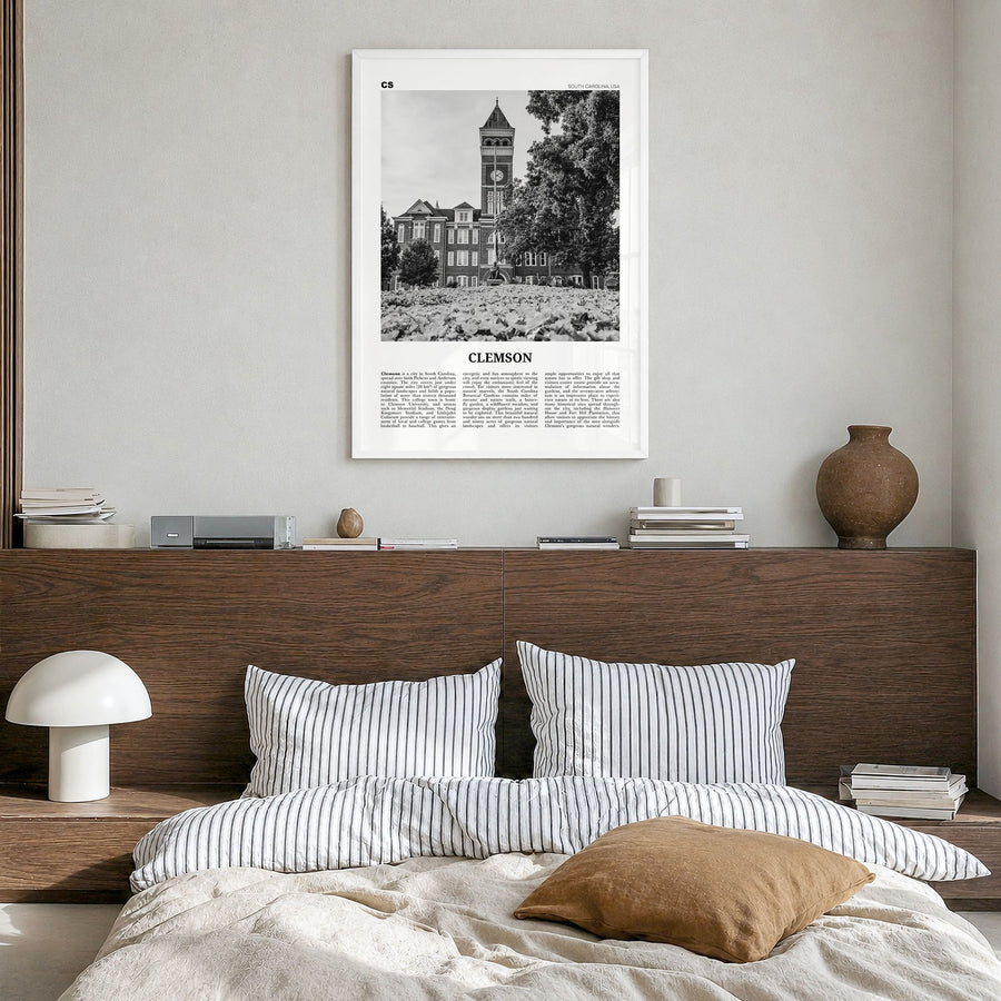 Clemson Newspaper No 1 Poster in a white wood frame, hanging in a bedroom