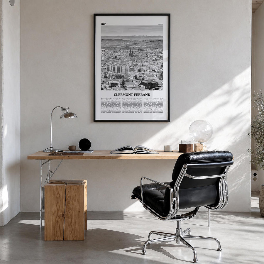 Clermont-Ferrand black & white newspaper poster of France – vertical wall art in black wood frame, hanging on wall