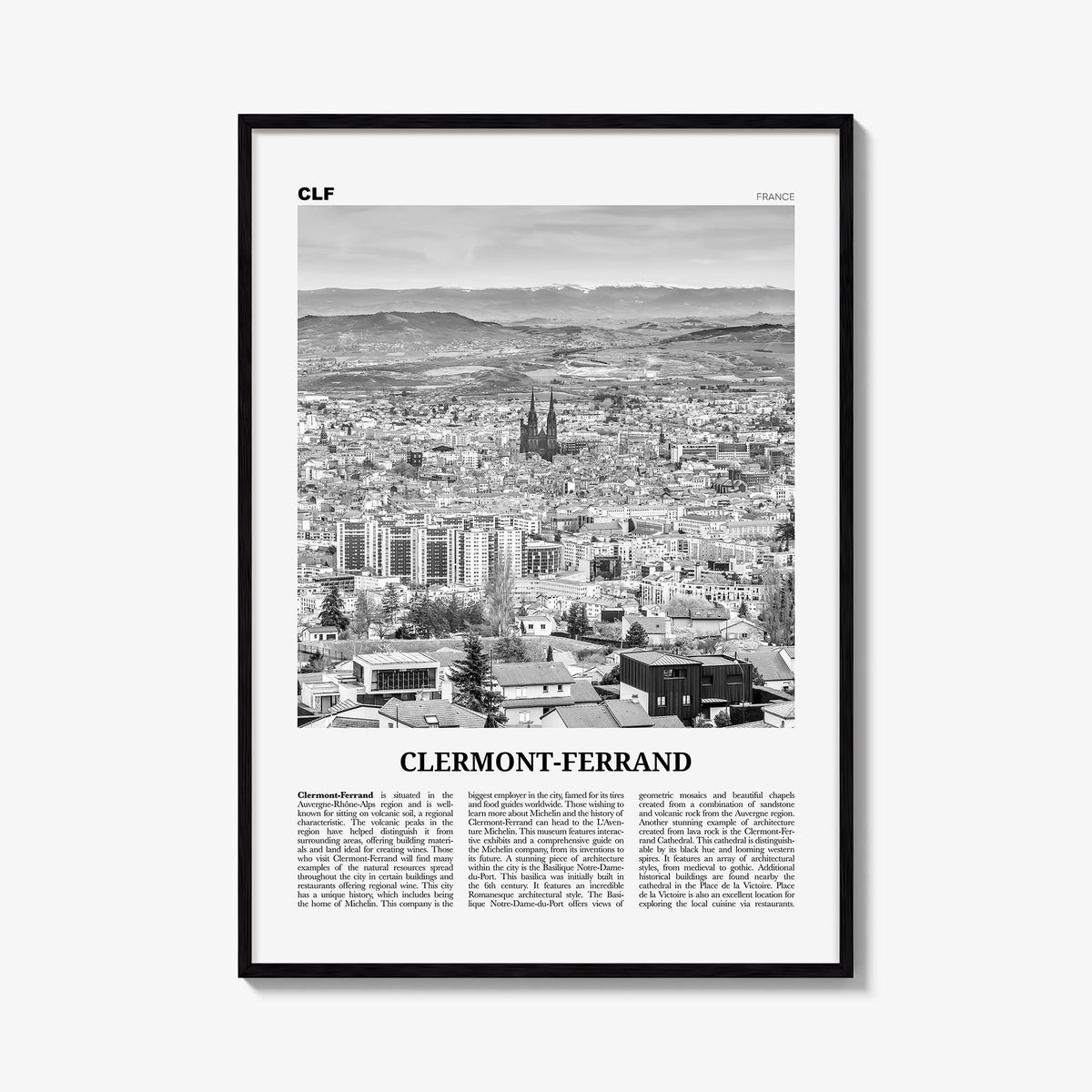 Clermont-Ferrand black & white newspaper poster of France – vertical wall art, unframed print shown in interior mockup