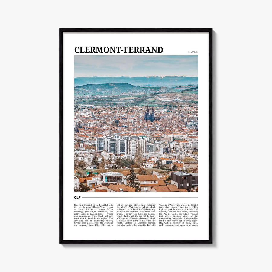 Clermont-Ferrand colorful travel poster of France – vertical wall art, unframed print shown in interior mockup