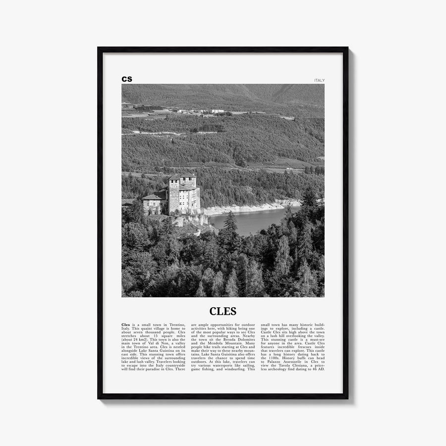 Cles black & white newspaper poster of Italy – vertical wall art, unframed print shown in interior mockup