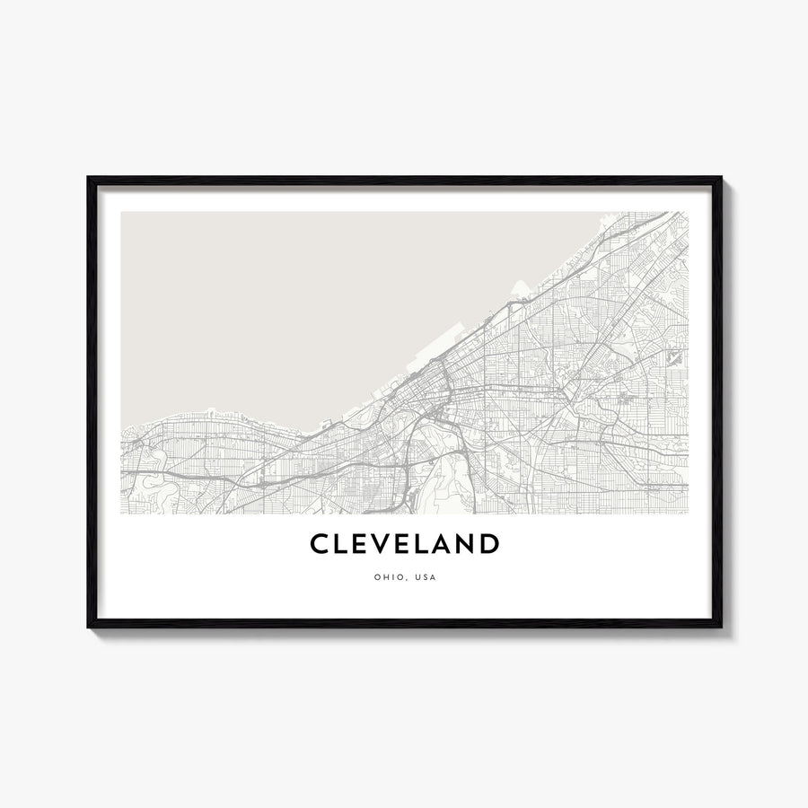 Cleveland black & white map poster of Ohio, USA – horizontal wall art, unframed print shown in interior mockup