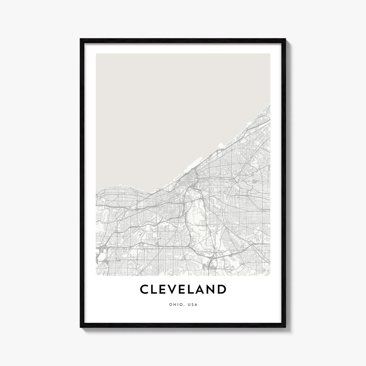 Cleveland black & white map poster of Ohio, USA – vertical wall art, unframed print shown in interior mockup